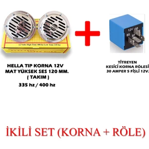 Hella Tip Korna 12V Mat Yüksek Ses (Takım)+Kesici Korna Rölesi 30 Amper 5 Fişli 12V. Korna