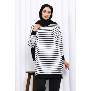 İmaj Butik Ekru Çizgili Bisiklet Yaka Armalı Tunik