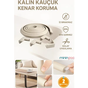 Miningaa 2 Metre + 4 Adet Köşe Koruyuculu Esnek ve Yumuşak Kauçuk Gri Renk Kenar Koruyucu
