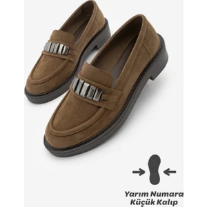Kadın Loafer Makosen Tokalı Günlük Ayakkabı Vilyum Taba Süet