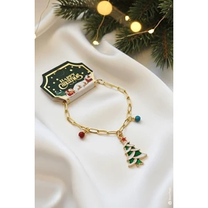 Bear & Pear Yılbaşı Özel Bileklik - Yılbaşı Çamı ve Renkli Boncuklu Ataç Zincir Kadın Bileklik - Noel Hediyesi