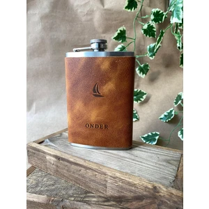 Alesta Leather (Isim Yazıyoruz) El Dikişi  Deri Kaplamalı Çelik Viski Kanyak Içki Matarası ve Huni - 9oz 266ML