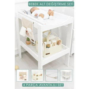 Mordesign 4 Parça Avantajlı Set, Bebek Alt Değiştirme Masası ve Pedi, Bağlamalı ve Sepet Keçe Organizer, Beyaz