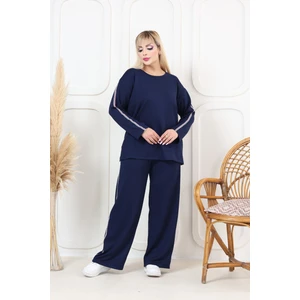 Papatya Moda Tasarım Oşho Kumaş Uzun Kollu Biye Detaylı Rahat Kalıp Spor Günlük Eşofman Takım Lacivert