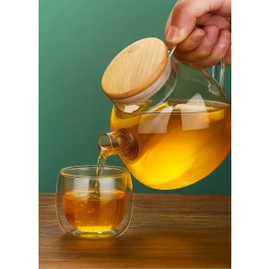 Golden Era 1000 ml Isıya Dayanıklı Borosilikat Cam Demlik – Metal Süzgeçli, Bambu Kapaklı