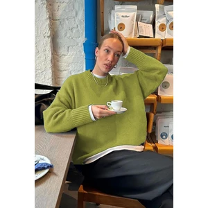 Yağ Yeşili Bisiklet Yaka Oversize Triko Kazak MG1972