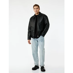 Slim Fit Uzun Kollu Fermuarlı Gömlek Yaka Suni Deri Ceket