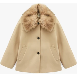 Suni Kürk Yaka Kısa Kaban Cepli Uzun Kollu