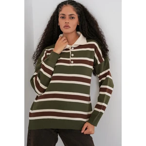 Kadın Çizgili Polo Yaka Triko Kazak 15952 - Haki