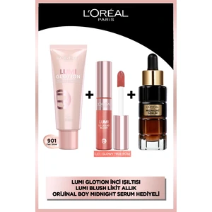 L'oréal Paris glotion All-In-One Doğal Işıltı 901 - Fair Glow 40 ml Highlighter &  Lumi Blush Likit Allık - 630 Glowy True Rose & L'oreal Paris Midnight Serum 30 ml