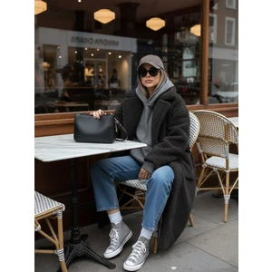 Oversize Önü Düğmeli Peluş Antrasit Mont