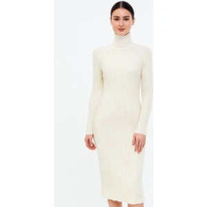 Rawea Fashion Kadın Boğazlı Triko Elbise – Uzun Fitilli Esnek Dokuma, Tam Kalıp, Kışlık & Baharlık Şık Rahat Stil, 130 cm Midi Boy Elbise - Beyaz