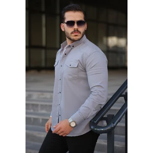 Erkek Slim Fit Cepli Basic Uzun Kol Gri Kot Gömlek