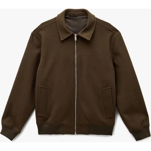 Uzun Kollu Cepli Fermuarlı Gömlek Yaka Kaşe Bomber Ceket