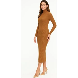Rawea Fashion Kadın Boğazlı Triko Elbise – Uzun Fitilli Esnek Dokuma, Tam Kalıp, Kışlık & Baharlık Şık Rahat Stil, 130 cm Midi Boy Elbise - Kahverengi