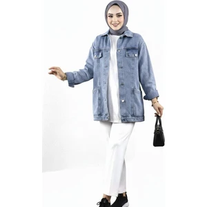 Kadın Cep Detaylı Denim Kot Mavi Ceket