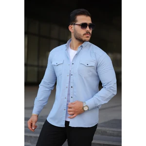 Erkek Slim Fit Cepli Basic Uzun Kol B.mavi Kot Gömlek