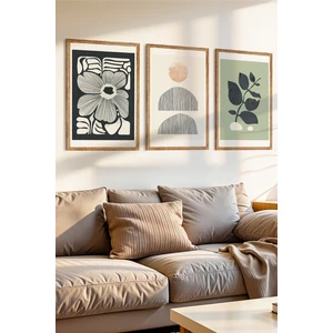 Zevahir Mobilya Dekorasyon 3 Parça Doğal ve Soyut Uyum Temalı Ahşap Çerçeve Görünümlü Mdf Tablo Seti