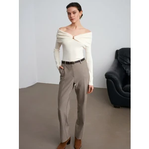 72208 Kemerli Melanjlı Kumaş Pantolon-Taş