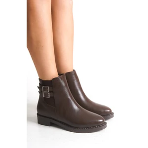 Alçak Taban Yandan Lastik ve Fermuarlı Çift Toka Detaylı Kadın Acı Kahve Bot Bootie