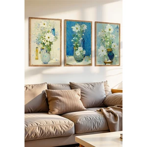 Zevahir Mobilya Dekorasyon 3 Parça Vazoda Çiçekler Temalı Ahşap Çerçeve Görünümlü Mdf Tablo Seti