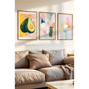 Zevahir Mobilya Dekorasyon 3 Parça Pastel Çizimli Ahşap Çerçeve Görünümlü Mdf Tablo Seti