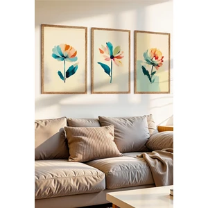 Zevahir Mobilya Dekorasyon 3 Parça Şeffaf Fırçalar ve Hafif Çiçekler Temalı Ahşap Çerçeve Görünümlü Mdf Tablo Seti