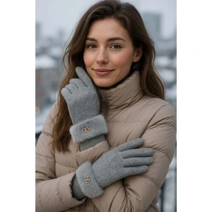 Kürk Detay Kadın Kaşe Eldiven Eld-29 Gri