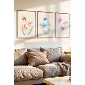 Zevahir Mobilya Dekorasyon 3 Parça Renkli Çiçekler ve Huzur Temalı Ahşap Çerçeve Görünümlü Mdf Tablo Seti