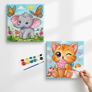 Dudu Ahşap Anaokulu İlkokul  Etkinliği-2'li Tuval Boyama Seti. 20X20 cm Uv Baskı + 6 Akrilik Boya + 1 Fırça-Model-59