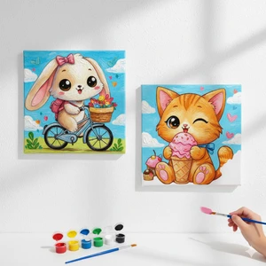 Dudu Ahşap Anaokulu İlkokul Etkinliği-2'li Tuval Boyama Seti. 20X20 cm Uv Baskı + 6 Akrilik Boya + 1 Fırça-Model-58