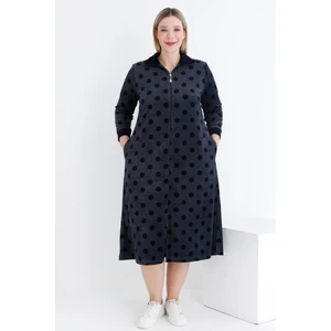 Intensive Collection Kadın Puantiyeli Fermuarlı Cepli Pamuklu Kadife Büyük Beden Elbise