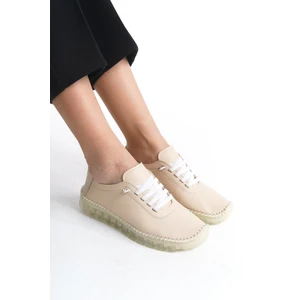 Hakiki Deri Yumuşak Rahat Esnek Bağcıklı Günlük Anne Bej Klasik Kadın Ayakkabı