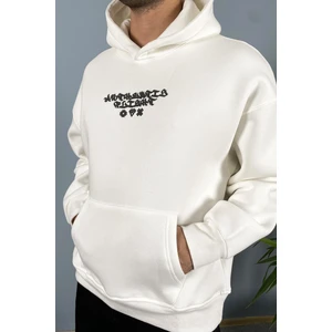 Alışveriş Sokağı Kilim Işlemeli Oversize Ekru Kapüşonlu Sweatshirt