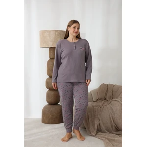 Eyfuze kadın Büyük Beden Desenli Yakası Düğmeli Uzun Kollu Kışlık Pijama Takımı