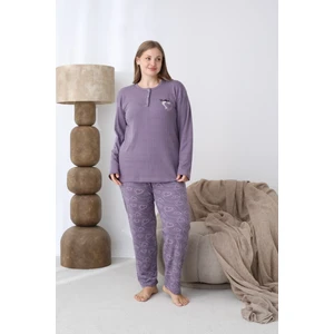 Eyfuze kadın Büyük Beden Desenli Yakası Düğmeli Uzun Kollu Kışlık Pijama Takımı