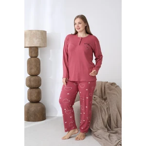 Eyfuze kadın Büyük Beden Desenli Yakası Düğmeli Uzun Kollu Kışlık Pijama Takımı