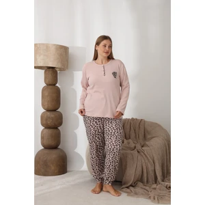 Eyfuze kadın Büyük Beden Desenli Yakası Düğmeli Uzun Kollu Kışlık Pijama Takımı