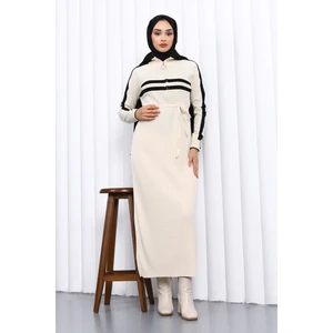 İmaj Butik Krem Yaka Fermuarlı Fitilli Çizgili Triko Elbise