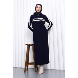 İmaj Butik Lacivert Yaka Fermuarlı Fitilli Çizgili Triko Elbise