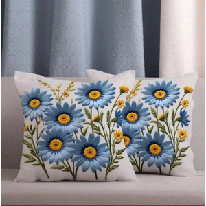 Alkan Homes 2 Li Kombin Nakış Görünümlü Mavi Çiçek Desen Dijital Baskılı Kırlent Kılıfı