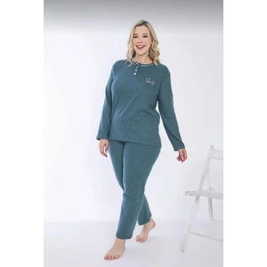 Kadın Kışlık Büyük Beden Yakası Düğmeli Uzun Kollu Interlok Pijama Takımı