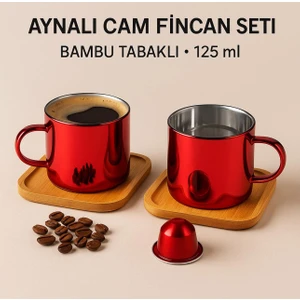 Christmas Borosilikat Cam Fincan Seti Bambu Tabaklı Içi Aynalı 2X125 ml