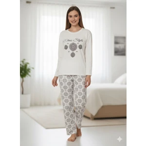 Interlok Kumaş Uzun Kollu Kadın Pijama Takımı Desenli Baskılı