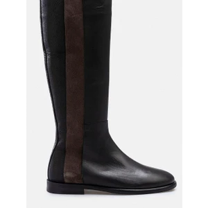 Rujo Kahverengi Süet Şerit Detaylı Hakiki Deri Siyah Çizme