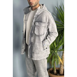 Alışveriş Sokağı Kapüşonlu Kargo Cepli Gri Kot Mont