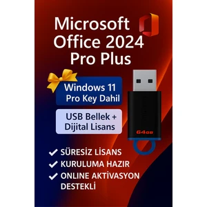 Office 2024 Professional Plus – USB Bellek + Lisans Yazılım - Windows 11 Pro Etkinleştirme Key Anahtarı Dahil - 2025 win 11