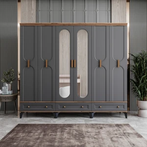 Loren 6 Kapaklı Çekmeceli Gardırop Tamamı Mdf (Antrasit)