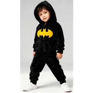 Welsoft Siyah Batman Desenli Kapşonlu Yumuşak Peluş Fermuarlı Alt - Üst Çocuk Takımı - 1 Yaş