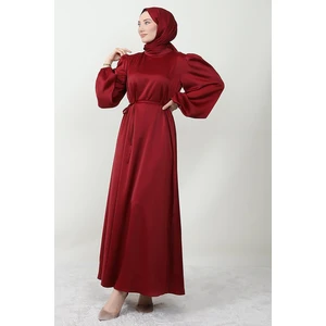 Giza Store Ince Kuşaklı Saten Elbise Bordo